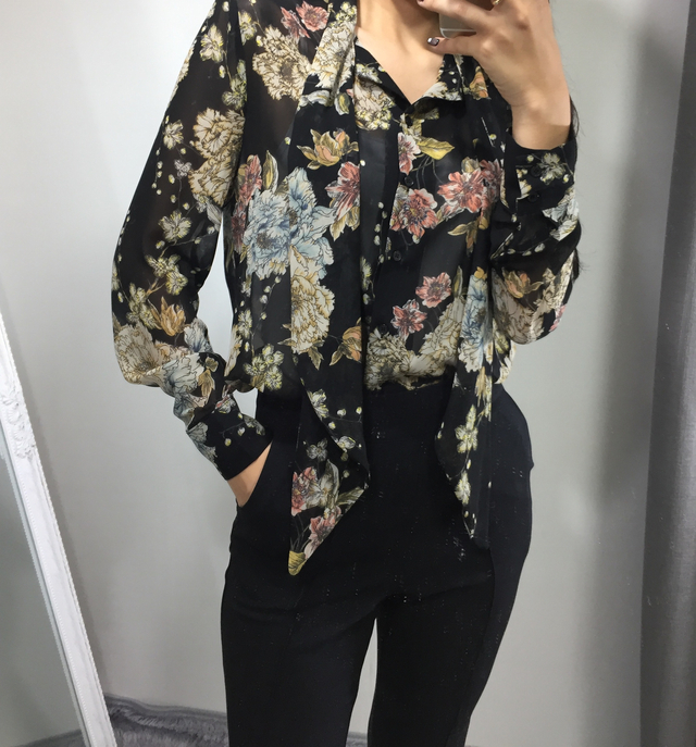 20s woman flower pattern autumn chiffon tie blouse