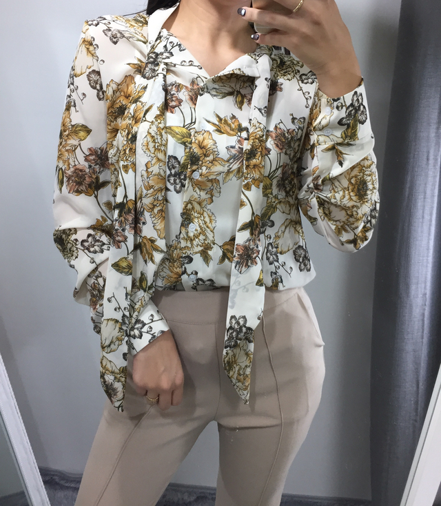 20s woman flower pattern autumn chiffon tie blouse