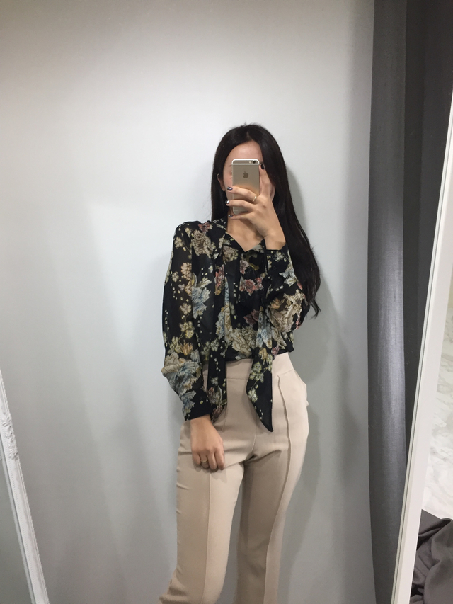 20s woman flower pattern autumn chiffon tie blouse