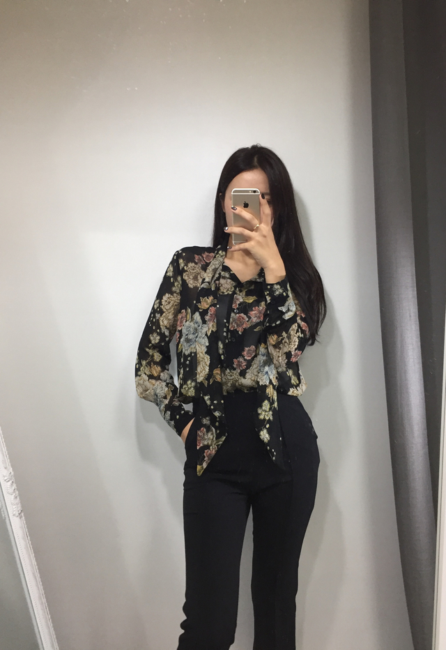 20s woman flower pattern autumn chiffon tie blouse