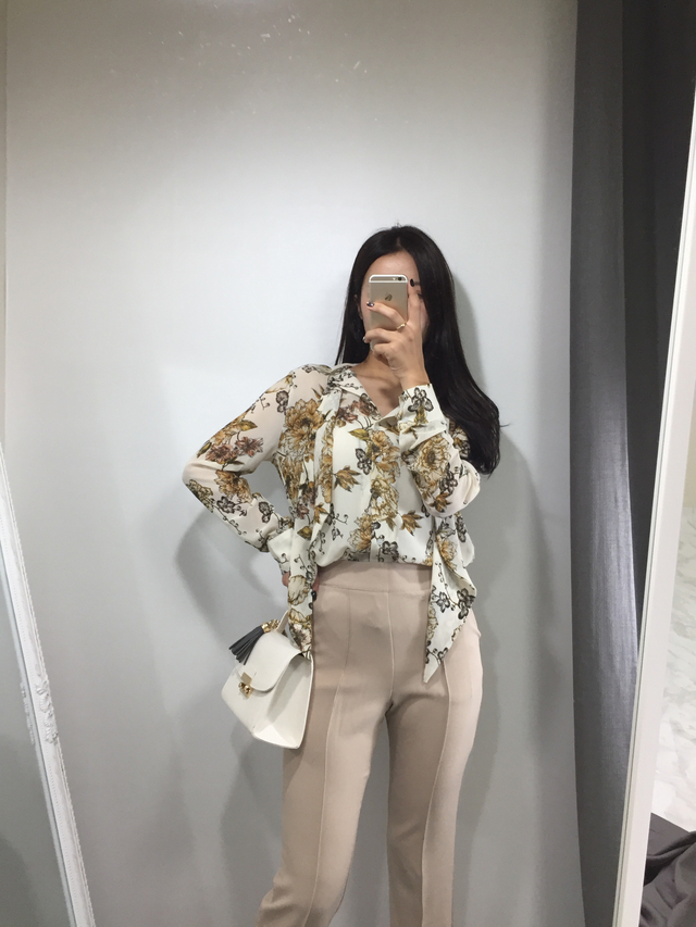 20s woman flower pattern autumn chiffon tie blouse