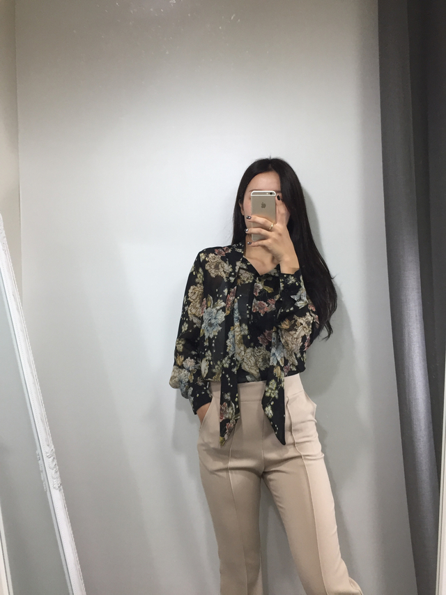 20s woman flower pattern autumn chiffon tie blouse
