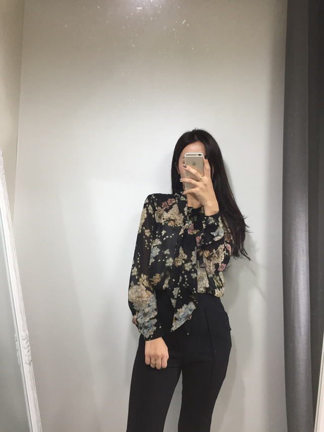 20s woman flower pattern autumn chiffon tie blouse