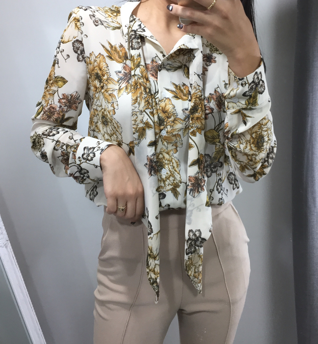 20s woman flower pattern autumn chiffon tie blouse