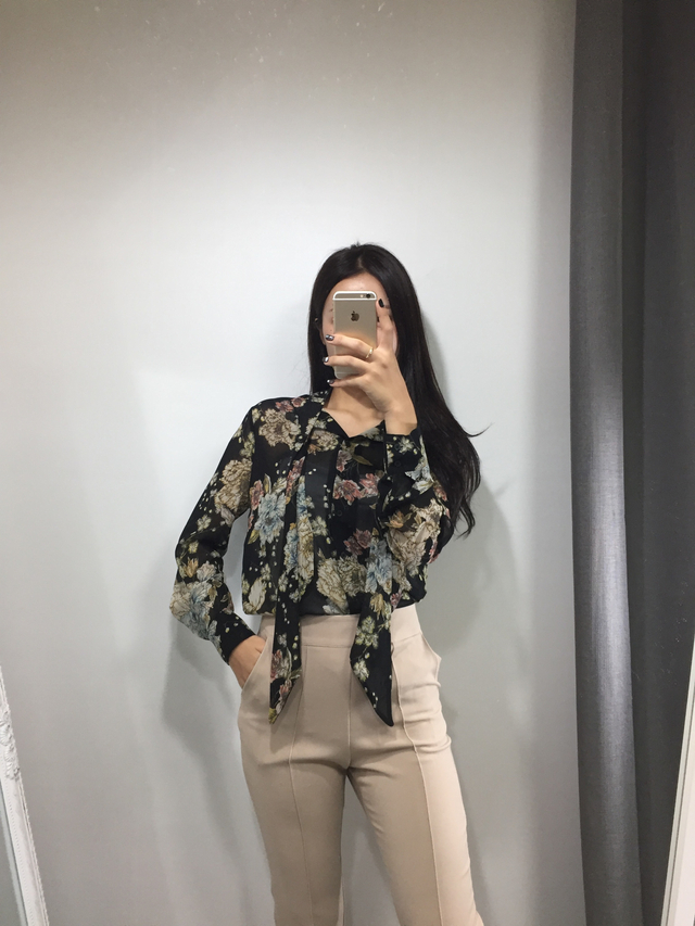 20s woman flower pattern autumn chiffon tie blouse
