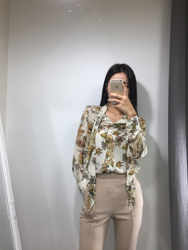 20s woman flower pattern autumn chiffon tie blouse