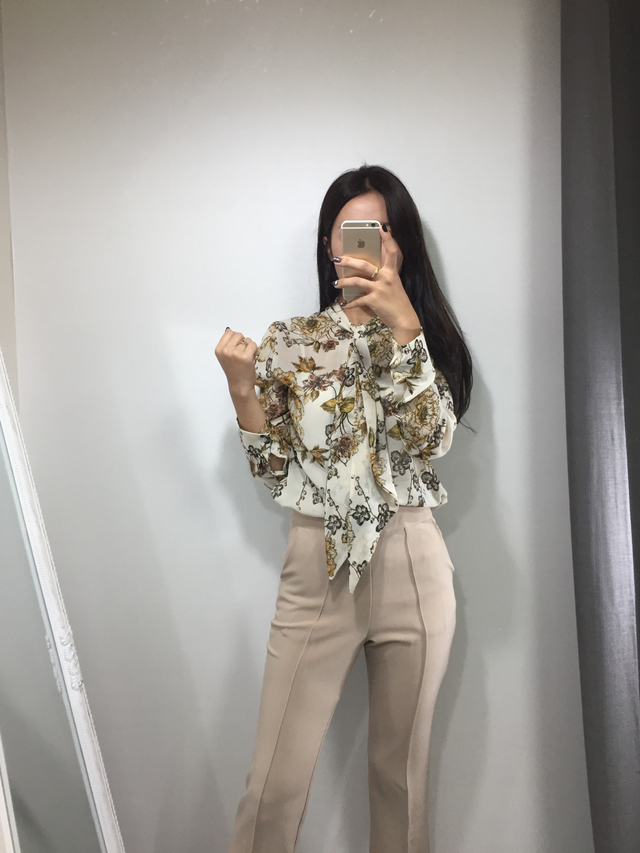 20s woman flower pattern autumn chiffon tie blouse