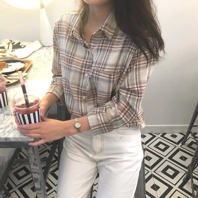 NEW FASHION LADY GIRL Blouse Brown Check Shirt Fal