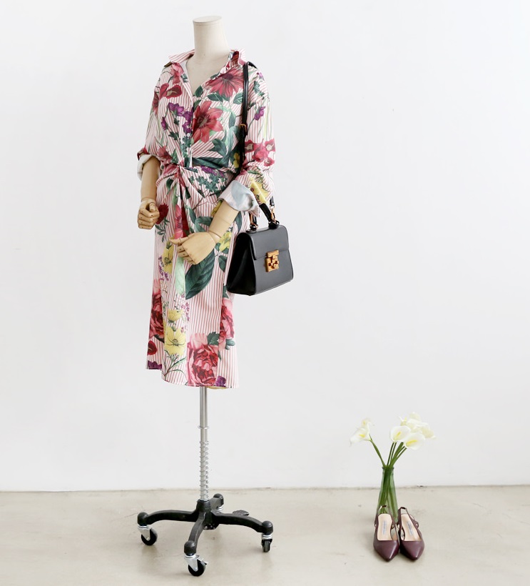 New goddess striped flower twist shirt dress dress