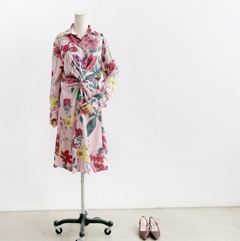 New goddess striped flower twist shirt dress dress