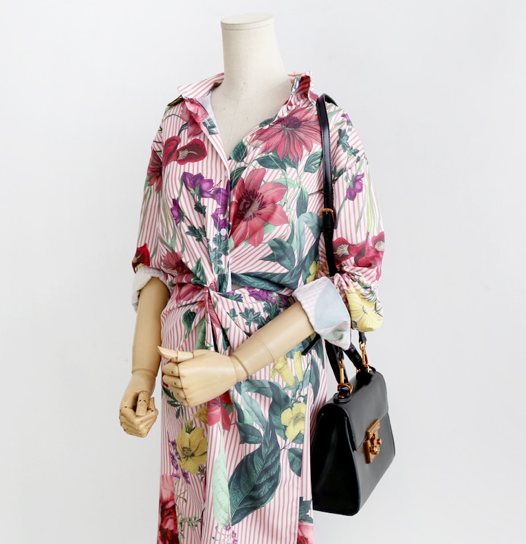 New goddess striped flower twist shirt dress dress