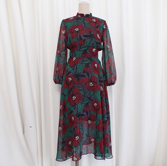 Chiffon dress burgundy chrysanthemum pattern china