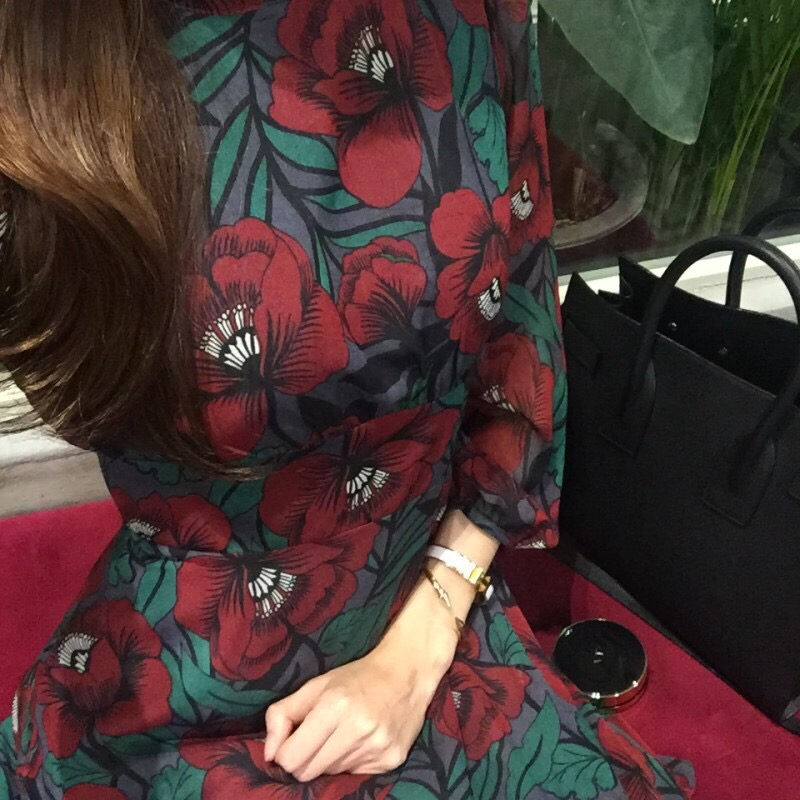 Chiffon dress burgundy chrysanthemum pattern china