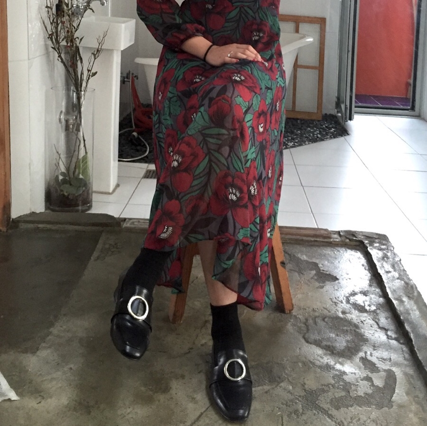 Chiffon dress burgundy chrysanthemum pattern china