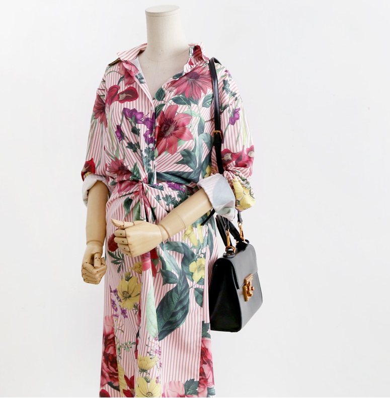 New goddess striped flower twist shirt dress dress