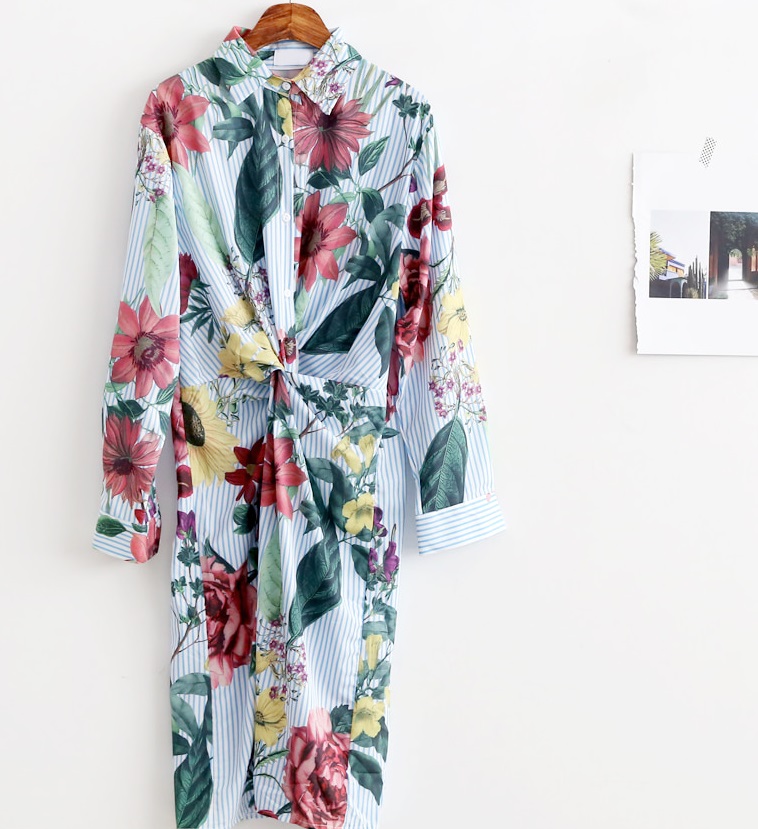 New goddess striped flower twist shirt dress dress
