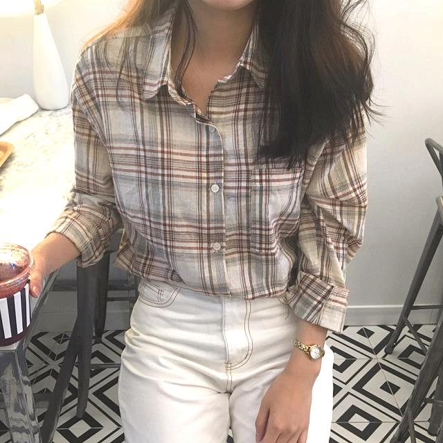 NEW FASHION LADY GIRL Blouse Brown Check Shirt Fal