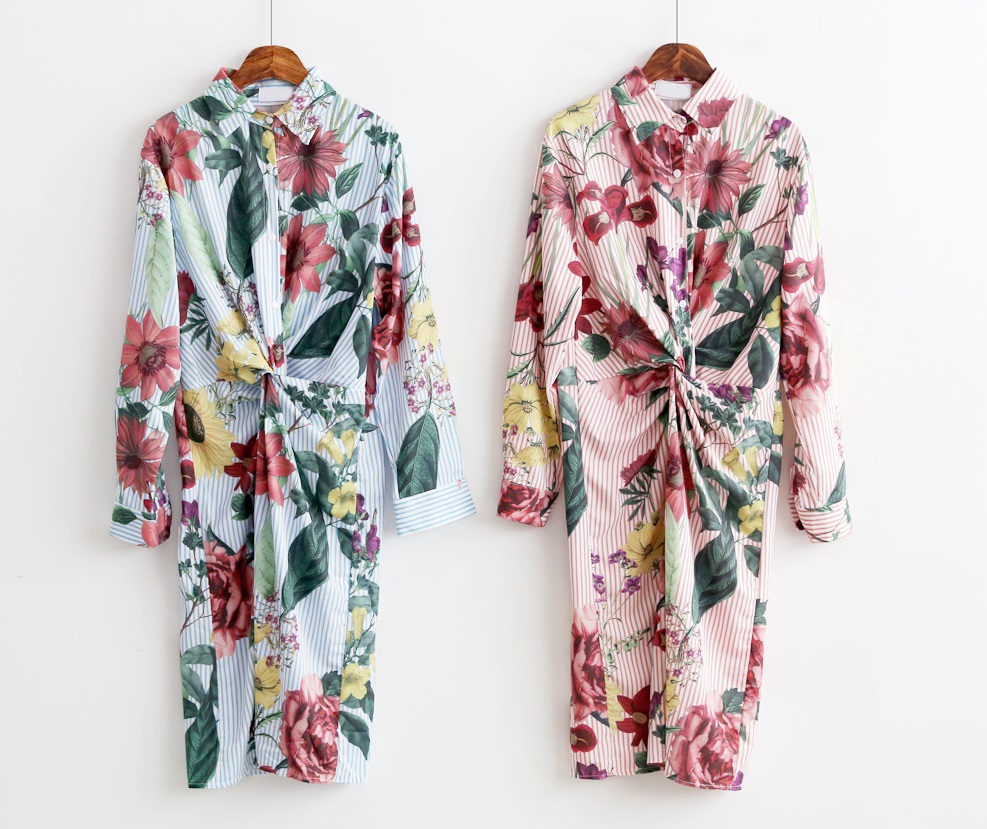 New goddess striped flower twist shirt dress dress