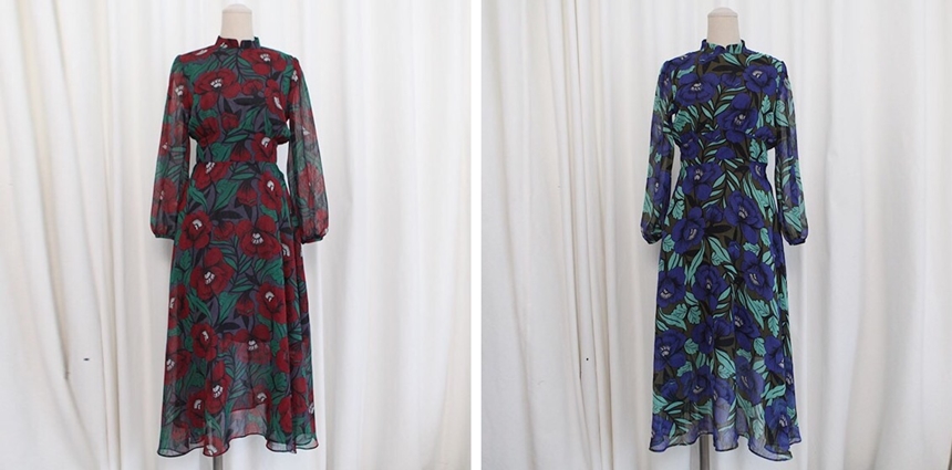 Chiffon dress burgundy chrysanthemum pattern china