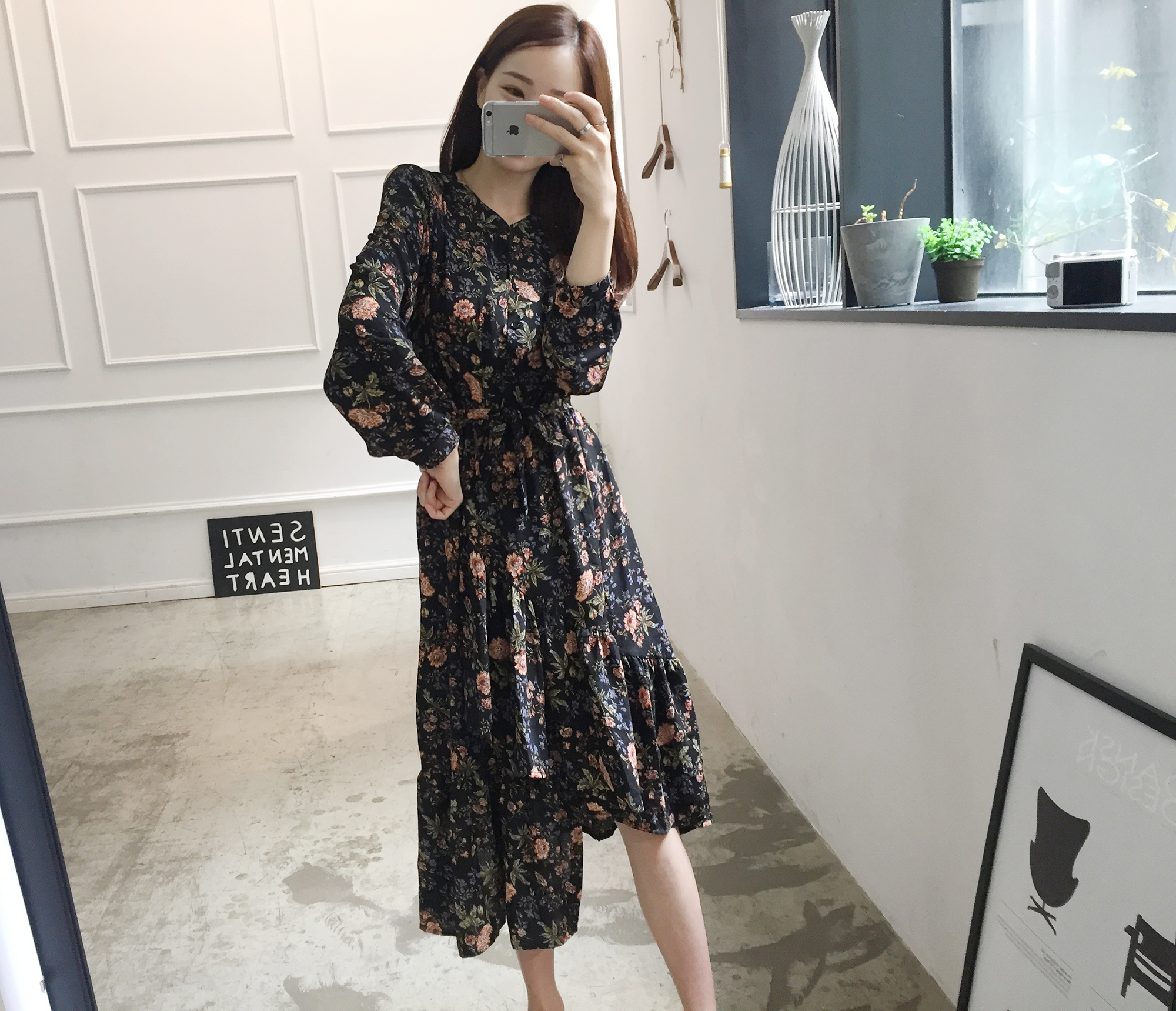 New Women Dress Flower Uniform Dress Ivory Black B