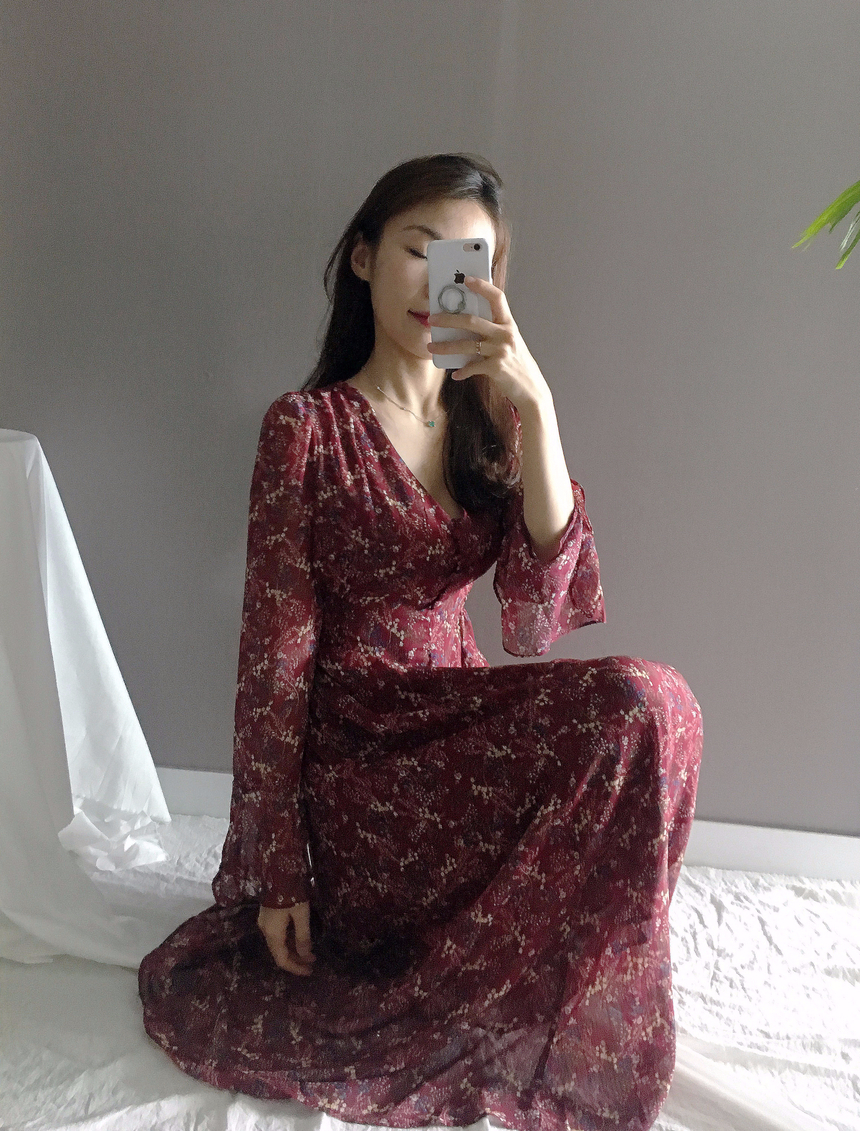 Flower chiffon long one piece autumn visitor 3colo