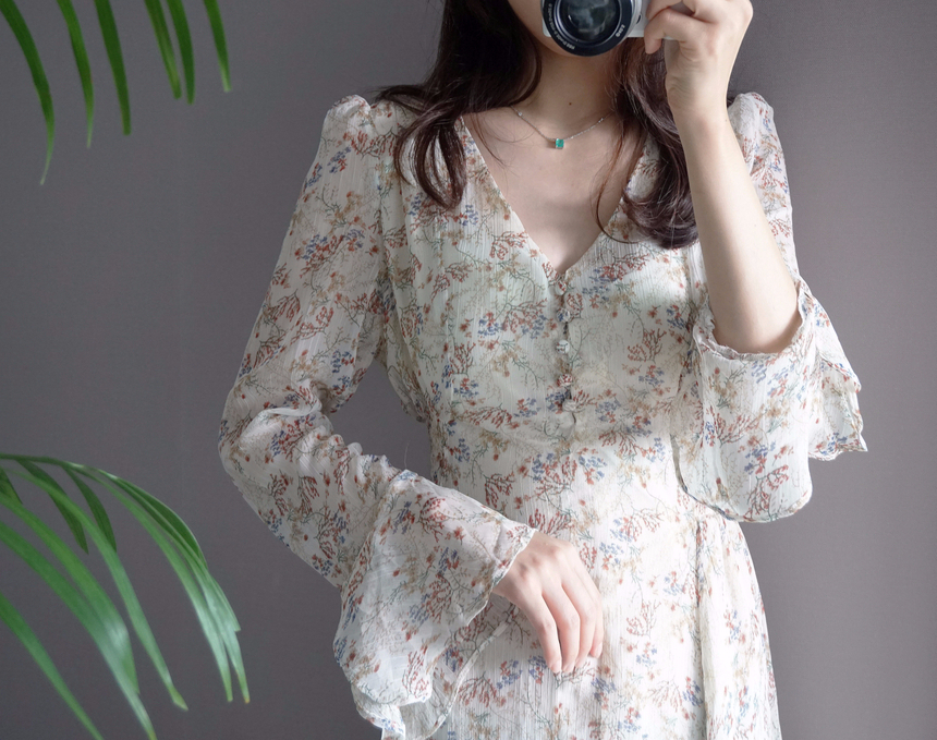 Flower chiffon long one piece autumn visitor 3colo