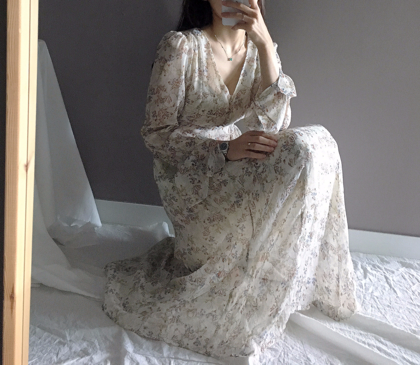 Flower chiffon long one piece autumn visitor 3colo