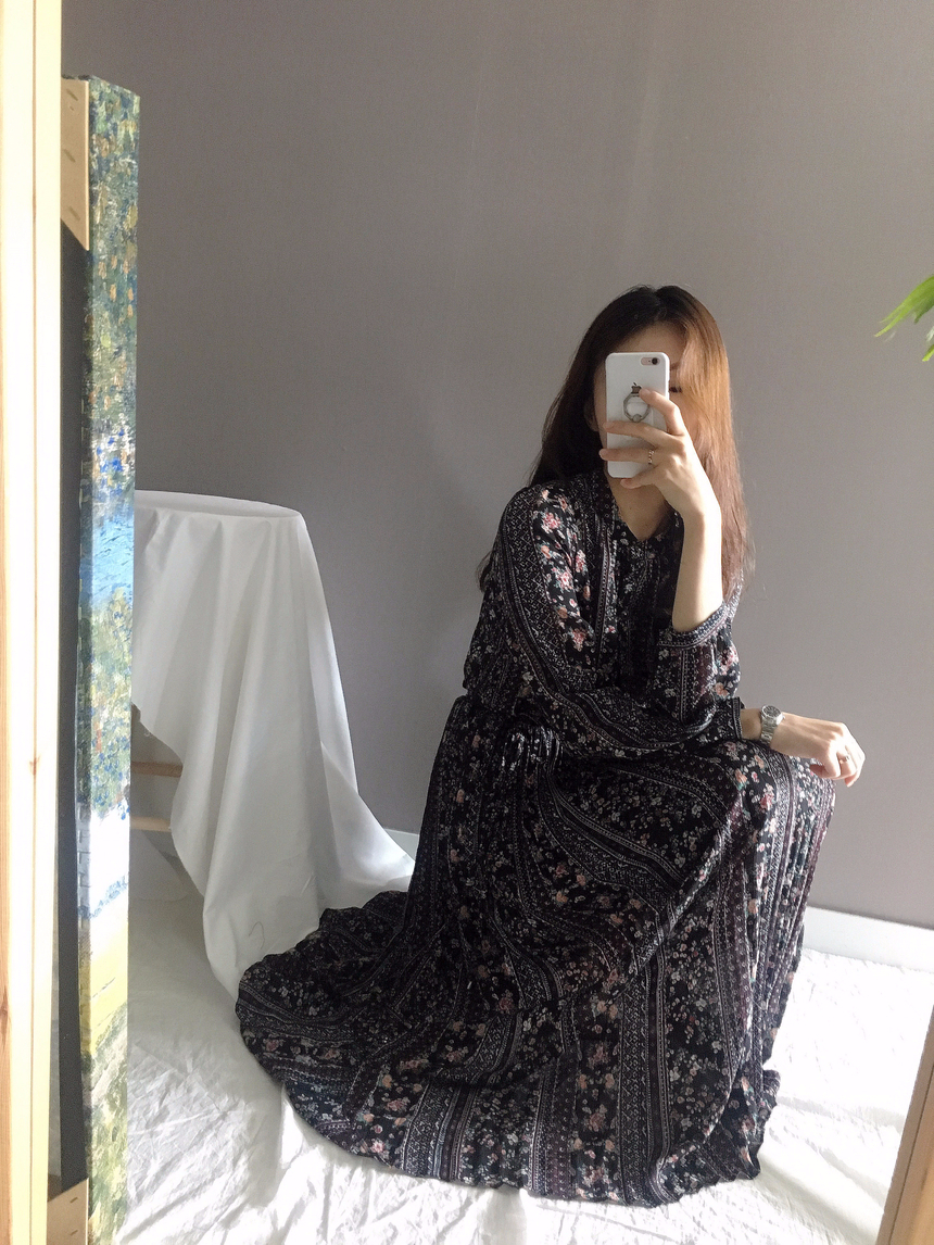 Goddess Autumn Long Pleated Dress Chiffon Flower 3