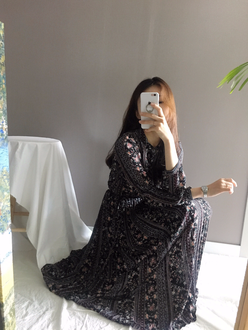 Goddess Autumn Long Pleated Dress Chiffon Flower 3