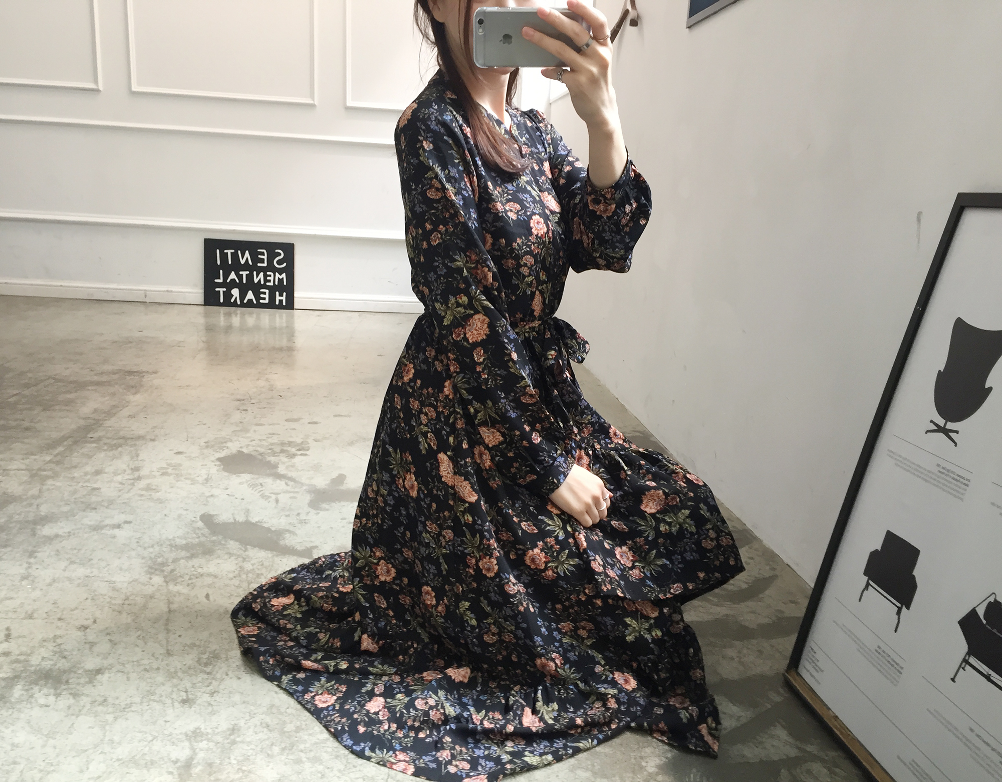 New Women Dress Flower Uniform Dress Ivory Black B