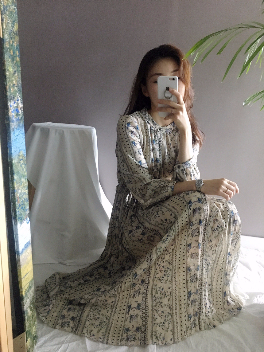 Goddess Autumn Long Pleated Dress Chiffon Flower 3