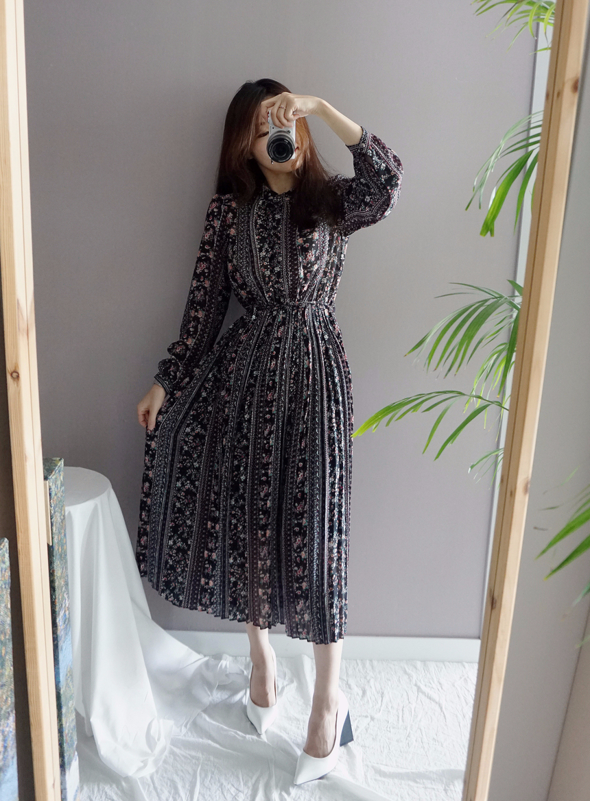 Goddess Autumn Long Pleated Dress Chiffon Flower 3