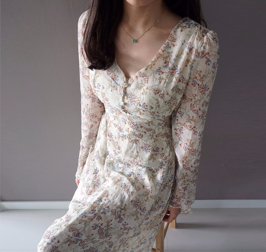 Flower chiffon long one piece autumn visitor 3colo