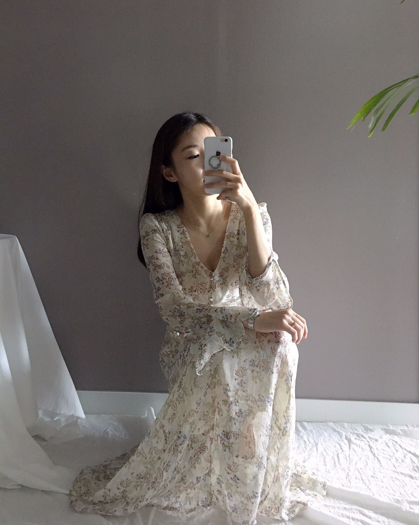 Flower chiffon long one piece autumn visitor 3colo