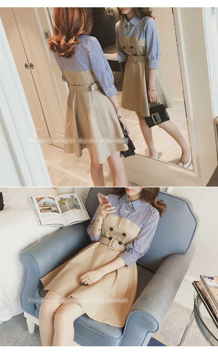 New stripe shirt coloring dress Beige Navy Female 