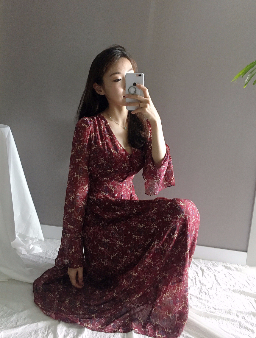 Flower chiffon long one piece autumn visitor 3colo