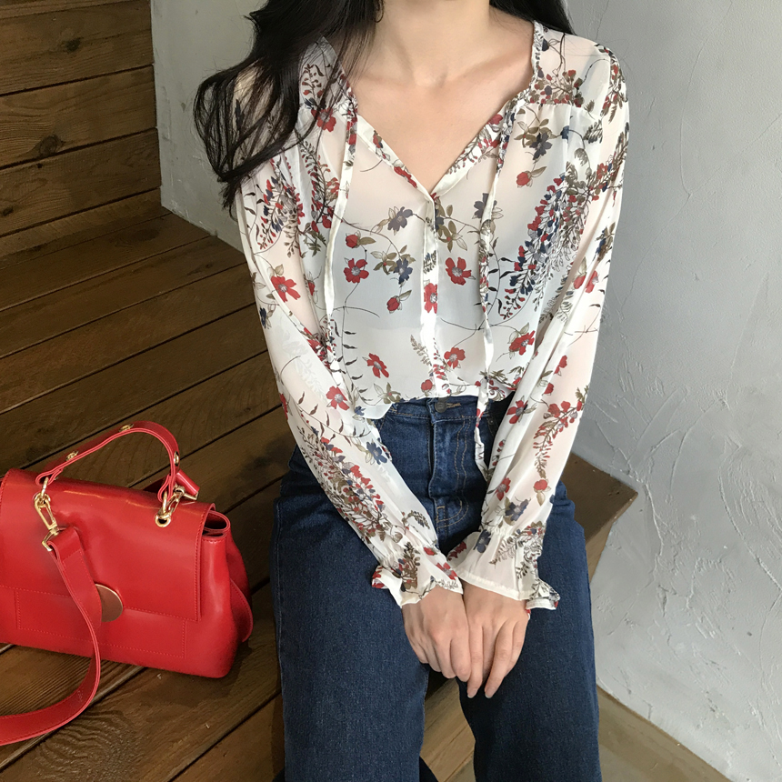 NEW FASHION LADY GIRL Blouse V-neck Flower Chiffon