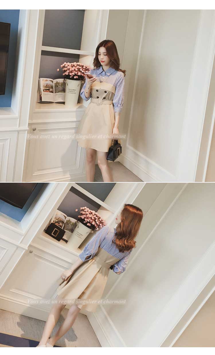 New stripe shirt coloring dress Beige Navy Female 