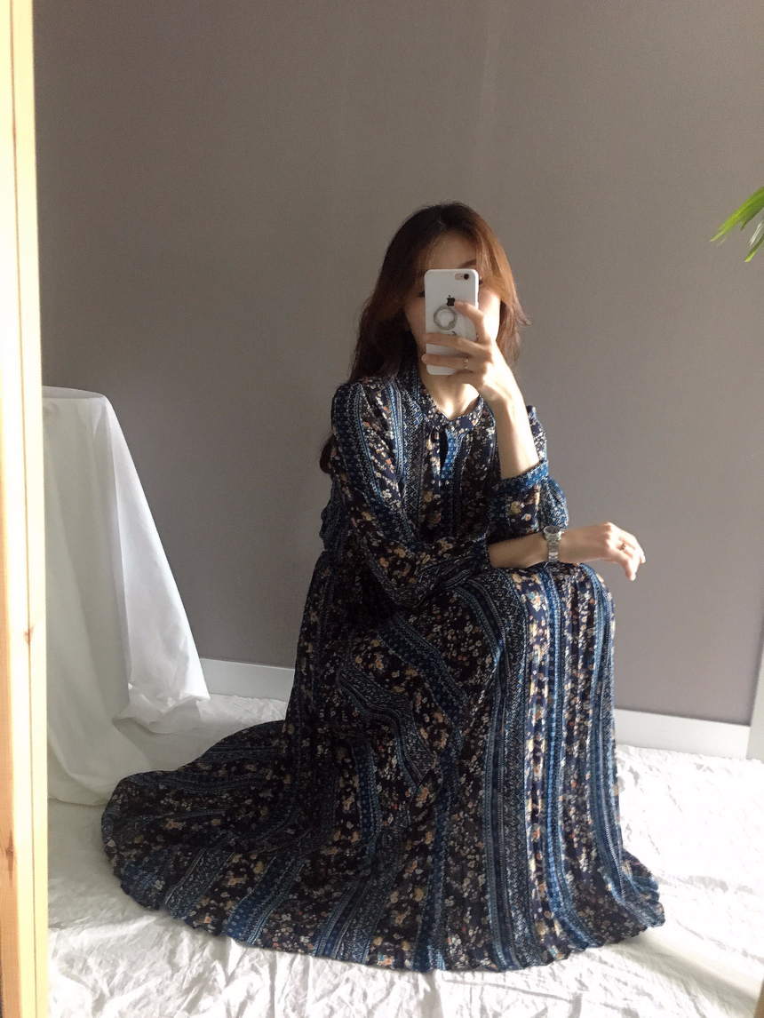 Goddess Autumn Long Pleated Dress Chiffon Flower 3