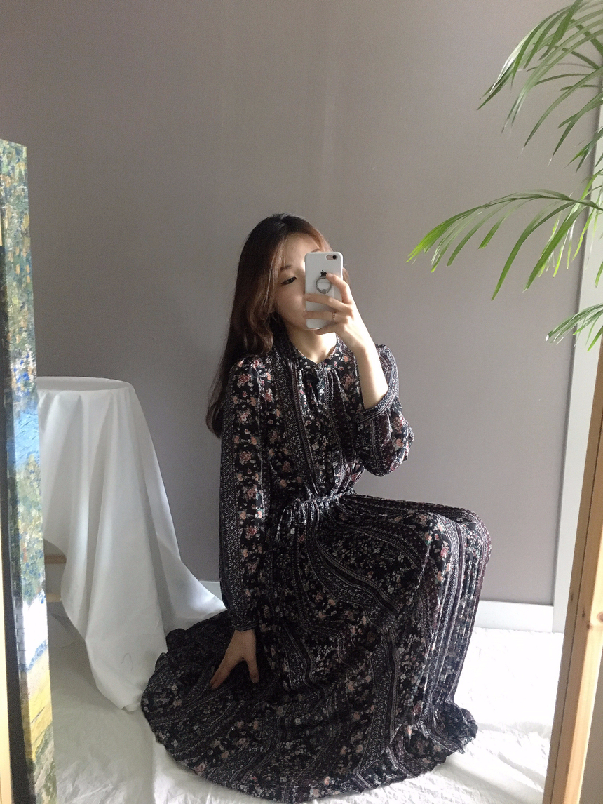 Goddess Autumn Long Pleated Dress Chiffon Flower 3