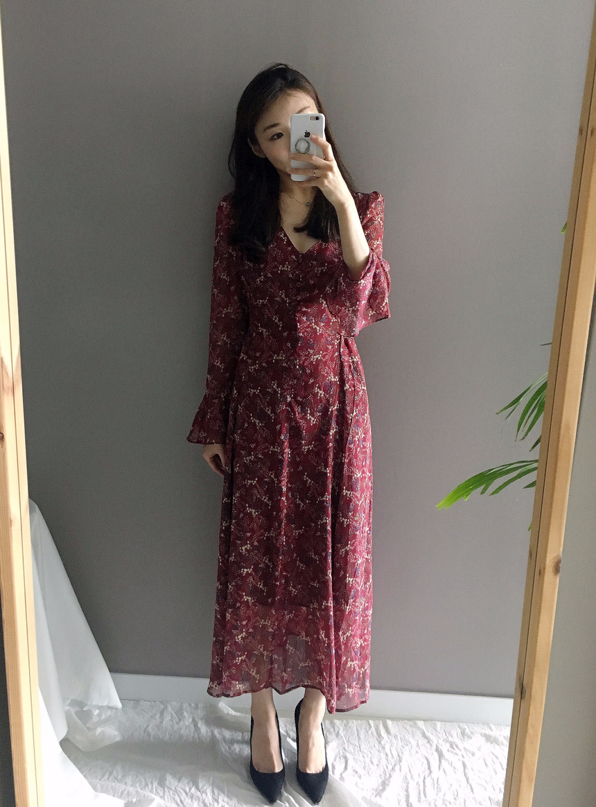Flower chiffon long one piece autumn visitor 3colo