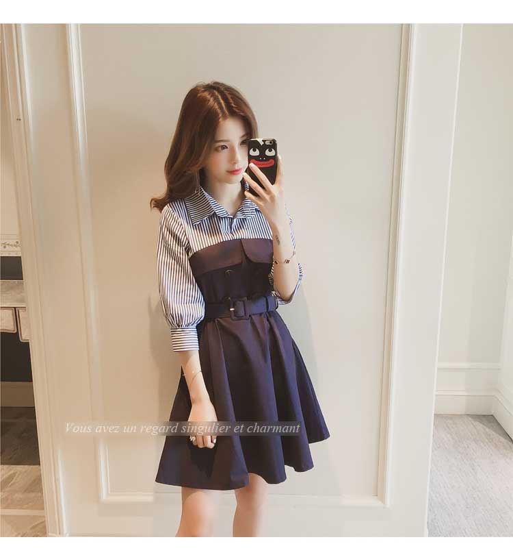 New stripe shirt coloring dress Beige Navy Female 