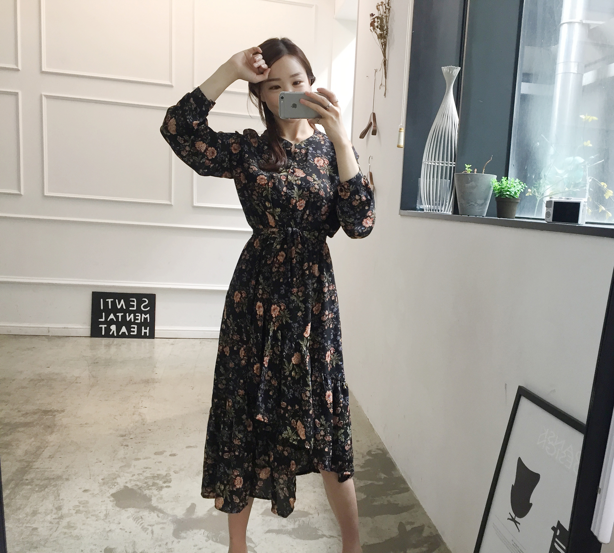 New Women Dress Flower Uniform Dress Ivory Black B