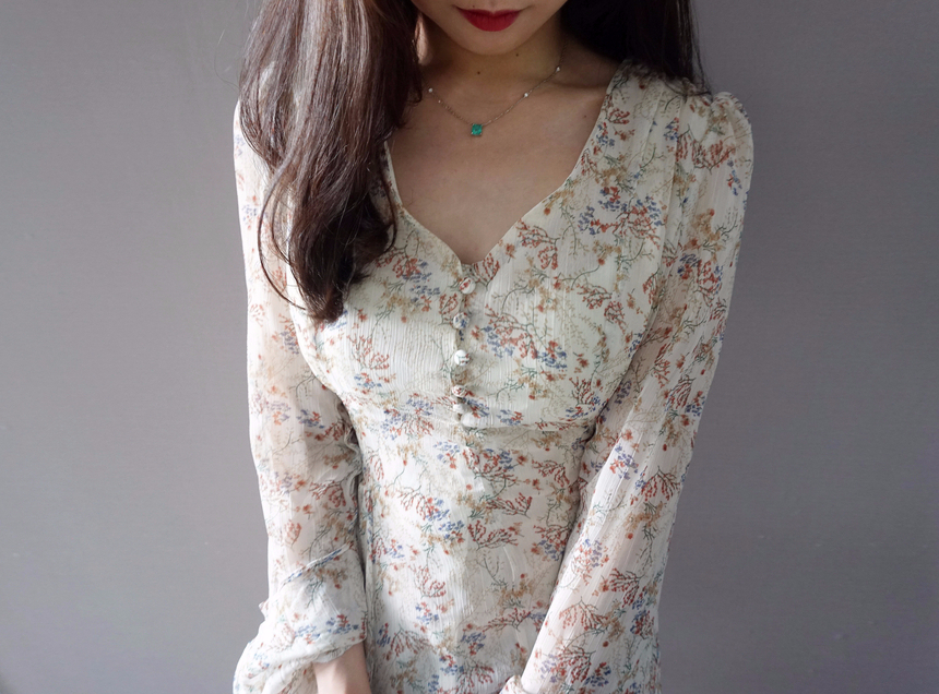 Flower chiffon long one piece autumn visitor 3colo