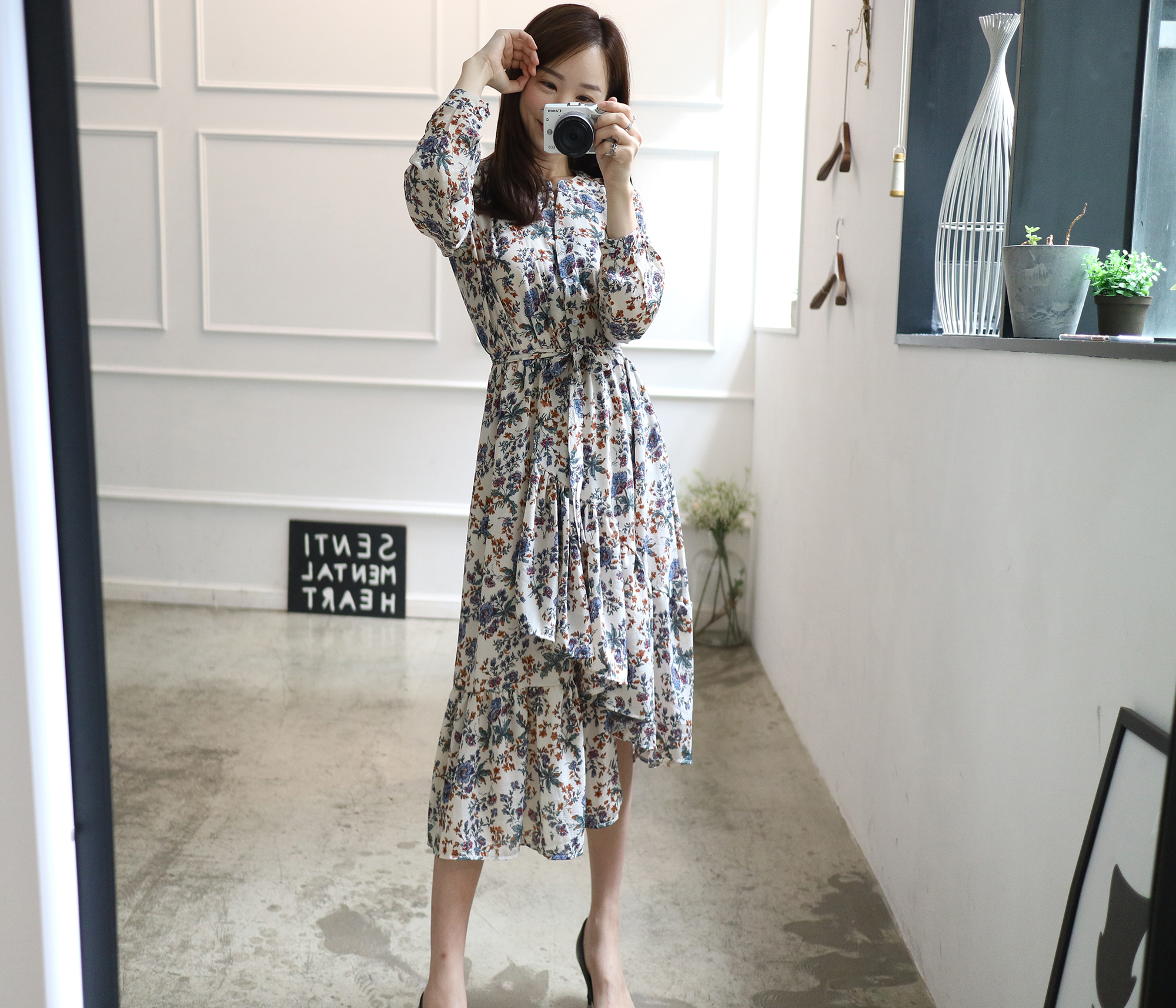 New Women Dress Flower Uniform Dress Ivory Black B