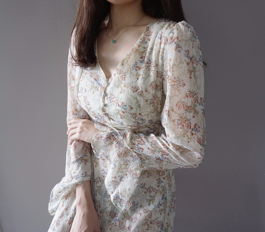 Flower chiffon long one piece autumn visitor 3colo