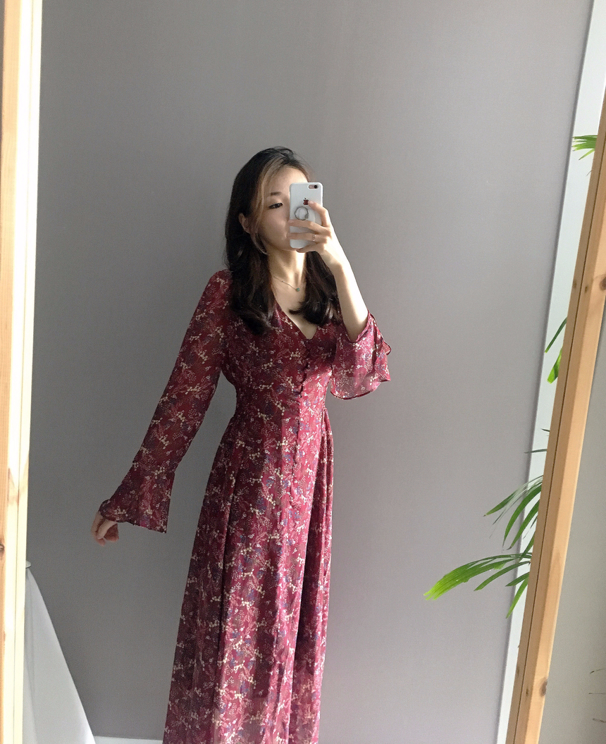 Flower chiffon long one piece autumn visitor 3colo