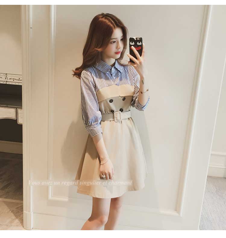 New stripe shirt coloring dress Beige Navy Female 