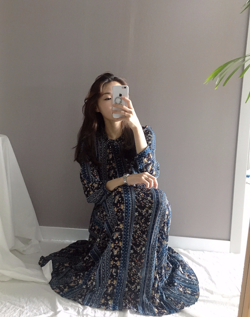 Goddess Autumn Long Pleated Dress Chiffon Flower 3