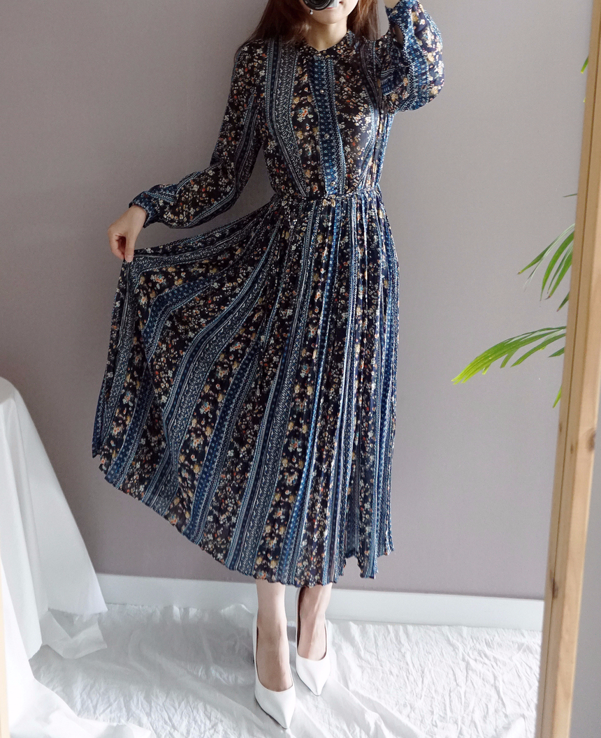 Goddess Autumn Long Pleated Dress Chiffon Flower 3